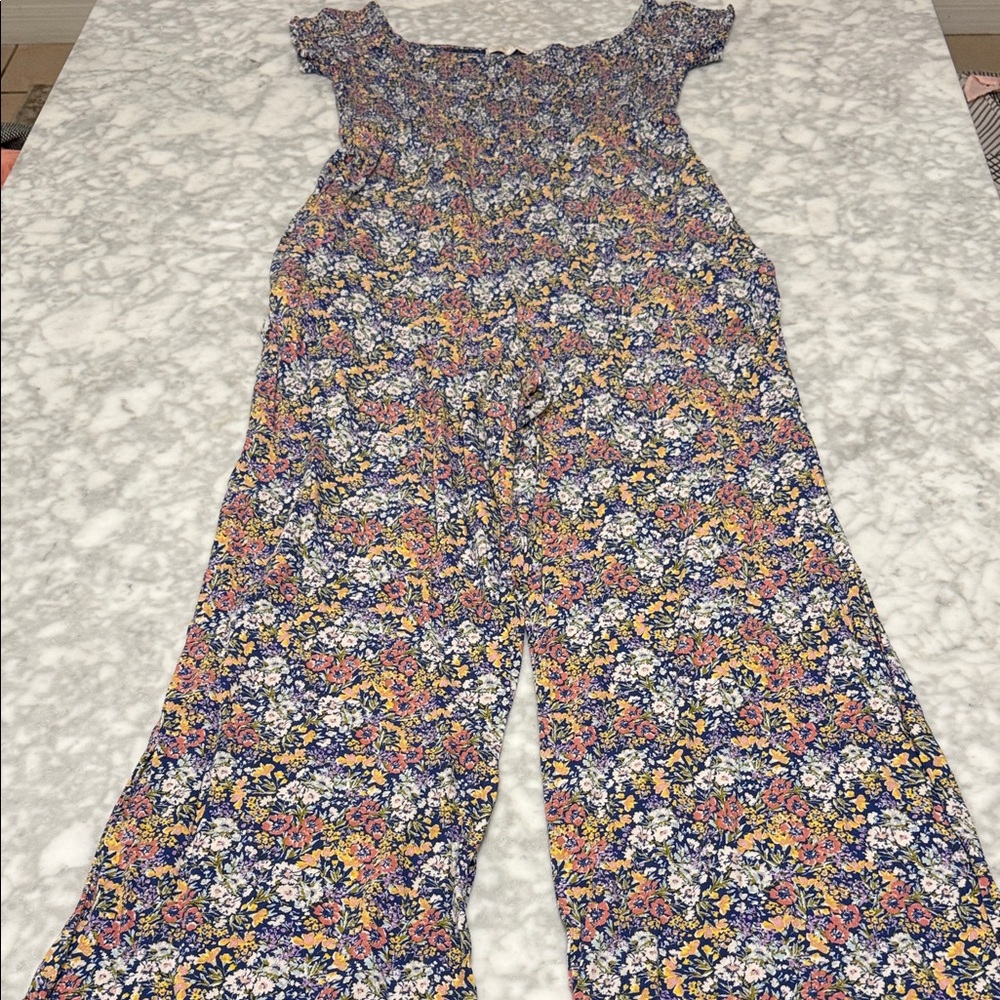 Rewind Navy Floral Off-Shoulder Wide-Leg Jumpsuit